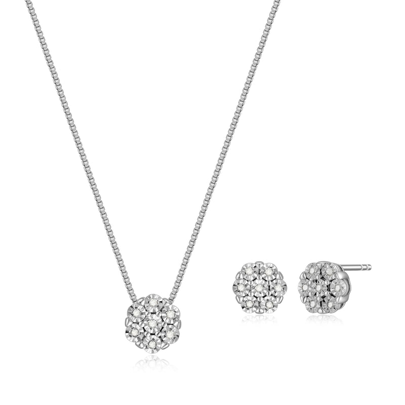 MORGAN & PAIGE .925 Sterling Silver 1/10 Cttw Diamond Miracle-Plate 18" Pendant Necklace and Stud Earrings Jewelry Set (I-J Color, I2-I3 Clarity) - Rhodium Plated