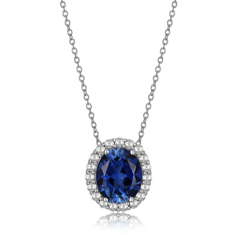 MORGAN & PAIGE 925 Sterling Silver Gemstone Birthstone and Created White Sapphire Oval Halo Pendant Necklace, 18"