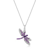 MORGAN & PAIGE .925 Sterling Silver Genuine African and Brazilian Amethyst with White Topaz 1-1/3" Dragonfly Pendant Necklace on 18" Chain