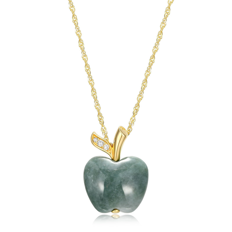 .925 Sterling Silver Necklace for Women, Genuine Green or Red Jade Apple Pendant, 14K Yellow Gold Plating, 18+2" Singapore Chain