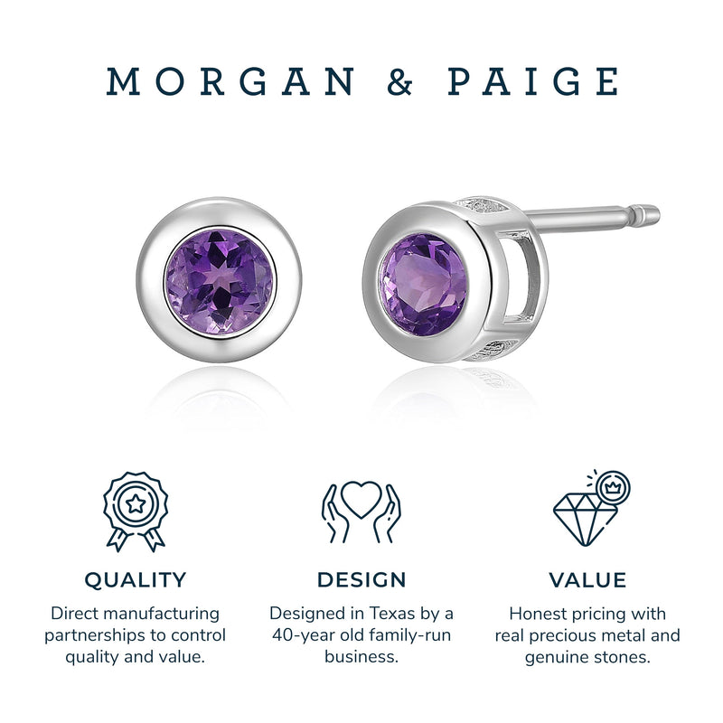 MORGAN & PAIGE Sterling Silver Genuine Amethyst February Birthstone Dainty Simple Demi Fine Stud Earrings