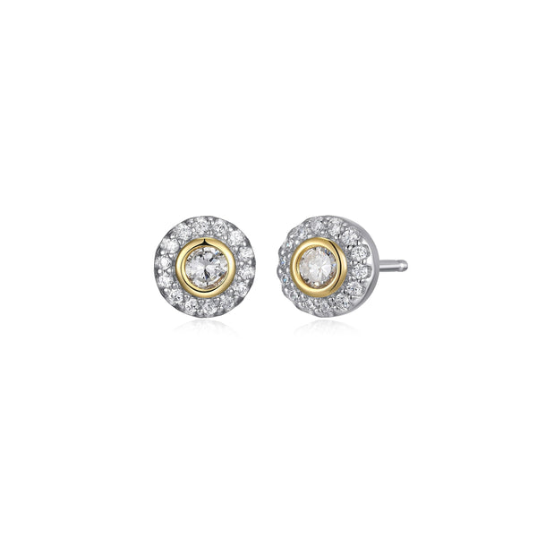 18K Gold Plated .925 Sterling Silver Cubic Zirconia Two Tone Round 1/4" Halo Stud Earrings or 1/2" Pendant Necklace on 18" Chain