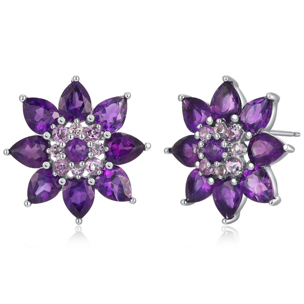 MORGAN & PAIGE Rhodium-Plated .925 Sterling Silver Genuine Purple Amethyst Flower Cluster 3/4" Prong-Setting Stud Earrings