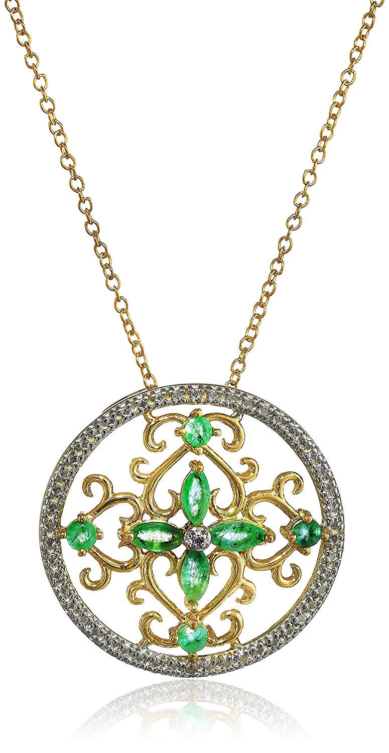 18K Yellow Gold-Plated .925 Sterling Silver Diamond-Accented Gemstone Floral Filigree Cross Round 1" Pendant Necklace on 18" Chain - Choice of Birthstones