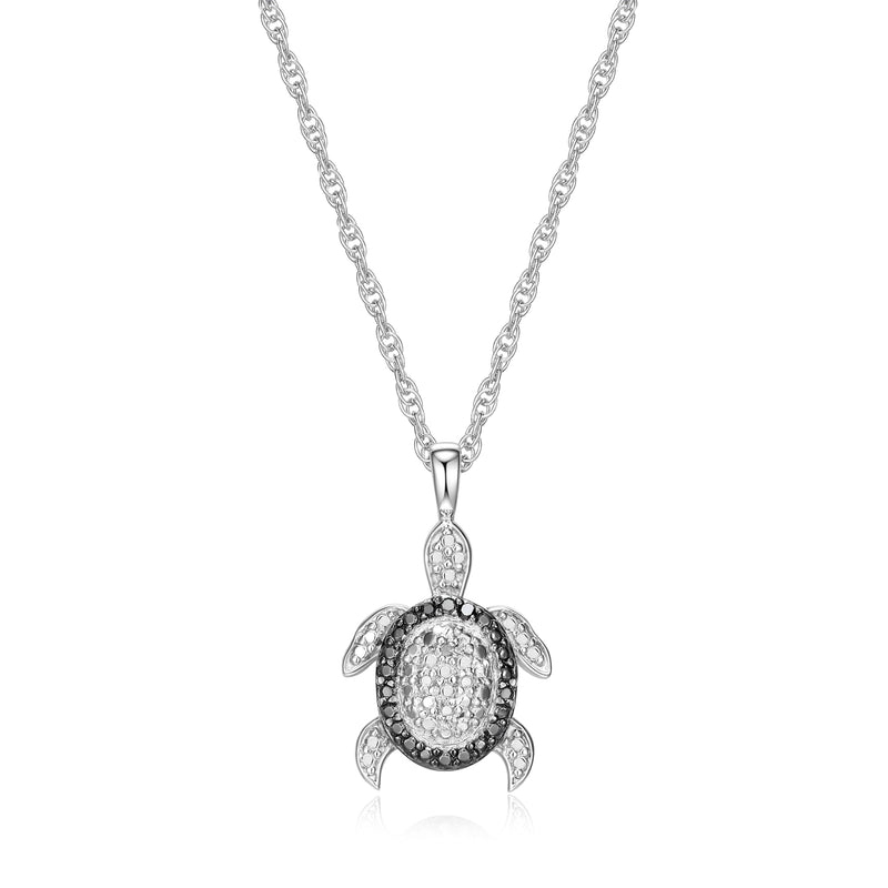 Sterling Silver Black and White Diamond Turtle, Whale, Penguin and Spider Pendant Necklace, 18"