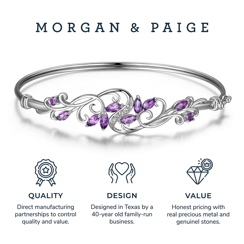 MORGAN & PAIGE .925 Sterling Silver Rhodium Plated Gemstone Elegant Bangle Bracelets for Women - Filigree Two-Tone Created Blue Sapphire & Cubic Zirconia or Genuine Amethyst & White Topaz, 7.25 inch