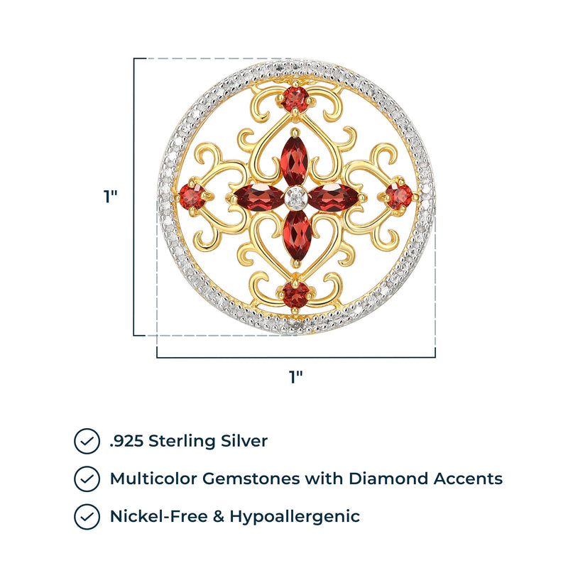 18K Yellow Gold-Plated .925 Sterling Silver Diamond-Accented Gemstone Floral Filigree Cross Round 1" Pendant Necklace on 18" Chain - Choice of Birthstones