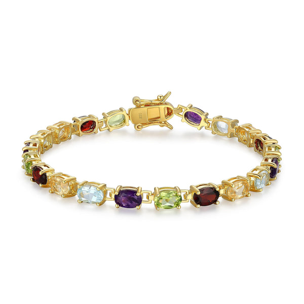 MORGAN & PAIGE 18K Yellow Gold-Plated .925 Sterling Silver Five-Tone Multicolor Genuine Gemstone Tennis Bracelet, 7"