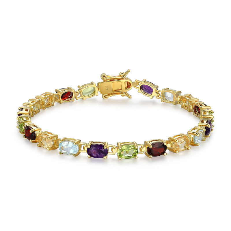 MORGAN & PAIGE 18K Yellow Gold-Plated .925 Sterling Silver Five-Tone Multicolor Genuine Gemstone Tennis Bracelet, 7"