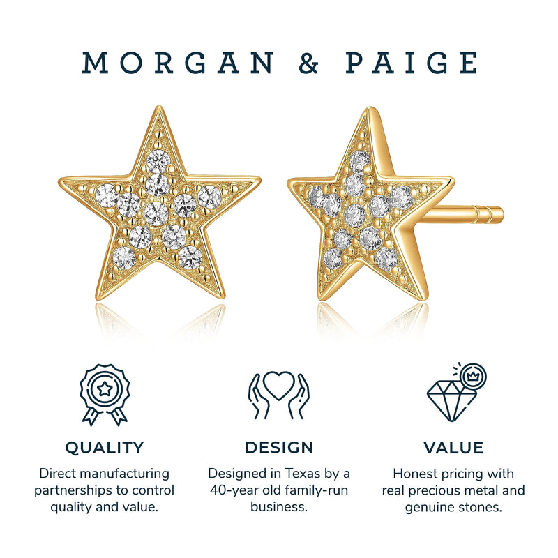 MORGAN & PAIGE .925 Sterling Silver Rhodium or 18K Gold Plated Cubic Zirconia Pave Star Stud Earrings for Women or CZ Star Pendant Necklace - Dainty Hypoallergenic Silver Necklace for Women Jewelry