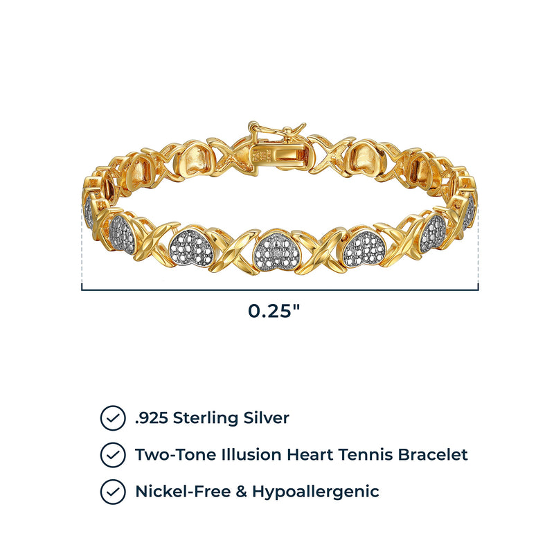 MORGAN & PAIGE 18K Yellow Gold Plated 925 Sterling Silver Two-Tone Diamond Accent and Illusion XO Heart Tennis Bracelet or Pendant Necklace