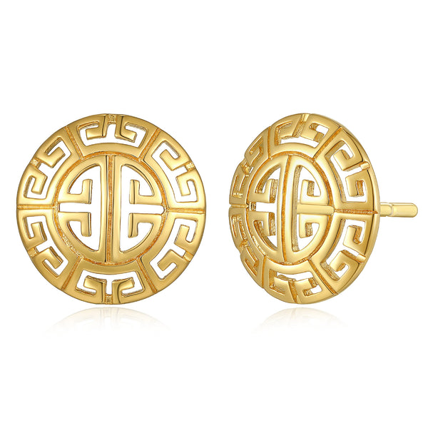 MORGAN & PAIGE .925 Sterling Silver 18K Gold Plated Greek Key Mythology Stud Earrings for Women - Laser Cut Pattern Hypoallergenic Earrings Round Gold Earrings, Silver Earrings Greek Jewelry Gifts