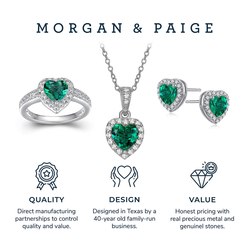 MORGAN & PAIGE .925 Sterling Silver Gemstones and White Sapphire Halo Heart Necklace, Earrings & Ring Set - Birthstone Jewelry Sets for Women, 18in Cable Chain, Size 7 Ring, Ideal Birthday Gift