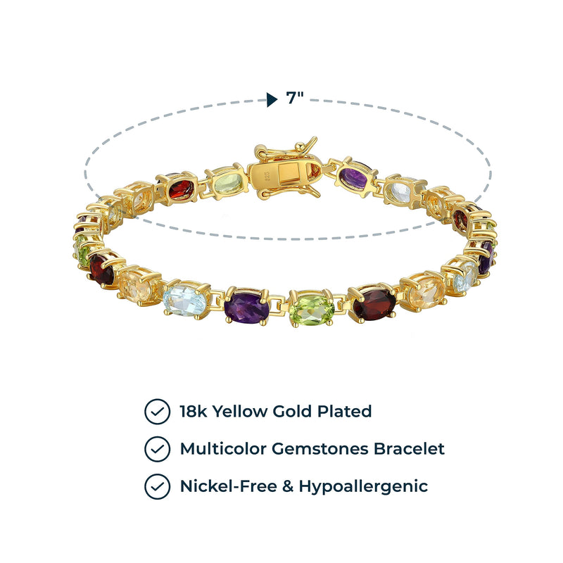 MORGAN & PAIGE 18K Yellow Gold-Plated .925 Sterling Silver Five-Tone Multicolor Genuine Gemstone Tennis Bracelet, 7"