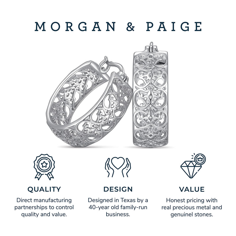 MORGAN & PAIGE Rhodium Plated 925 Sterling Silver Openwork Filigree Round Hoop Earrings for Women