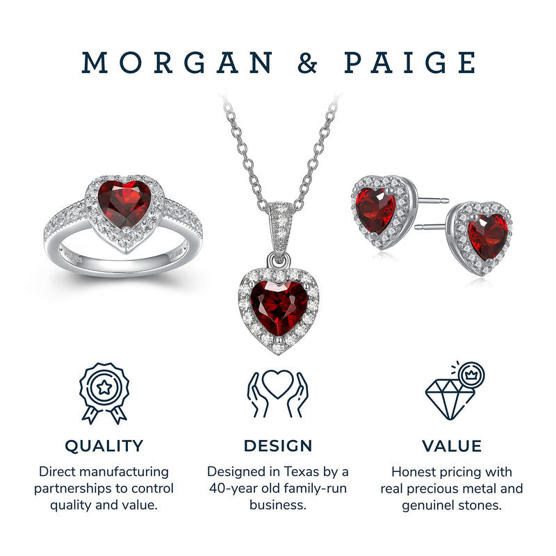 MORGAN & PAIGE .925 Sterling Silver Gemstones and White Sapphire Halo Heart Necklace, Earrings & Ring Set - Birthstone Jewelry Sets for Women, 18in Cable Chain, Size 7 Ring, Ideal Birthday Gift