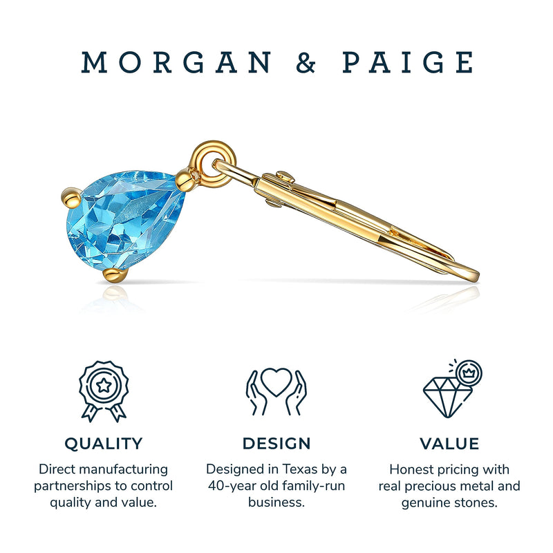 MORGAN & PAIGE 18K Gold Plated .925 Sterling Silver Swiss Blue Topaz Pear Cut 7x5mm Leverback 1" Dangle Earrings