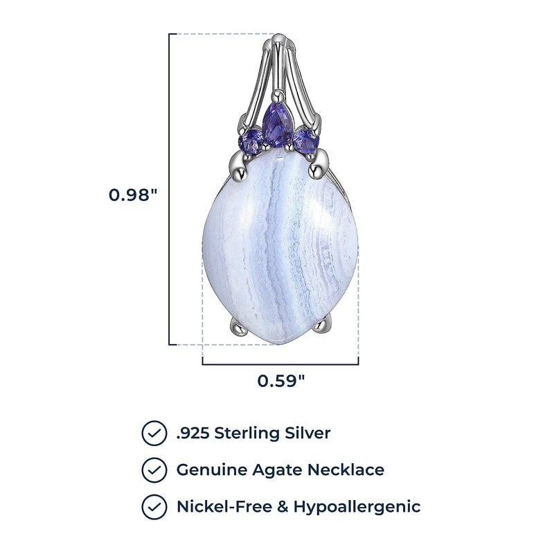 MORGAN & PAIGE .925 Sterling Silver Rhodium Plated Genuine Blue Lace Agate and Iolite 1 inch Oval Pendant Necklaces for Women, Hypoallergenic Sterling Silver Necklace for Women, Box Chain 18 inch