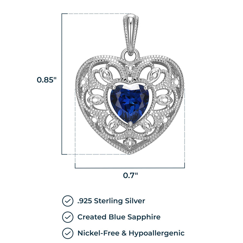 MORGAN & PAIGE Created Gemstone Filigree Heart Pendant Necklace Featuring Rhodium-Plated Sterling Silver with Faceted Cable Chain, Sapphire Jewelry, Heart Necklaces for Women