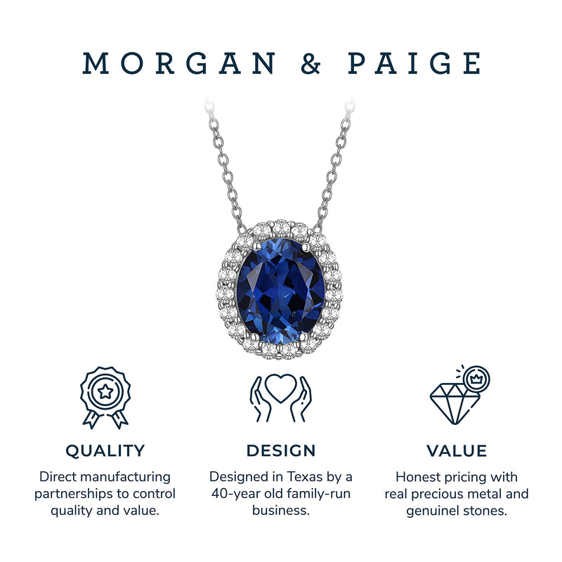 MORGAN & PAIGE 925 Sterling Silver Gemstone Birthstone and Created White Sapphire Oval Halo Pendant Necklace, 18"