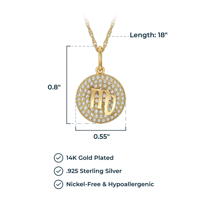 MORGAN & PAIGE 14K Gold Plated Sterling Silver and Cubic Zirconia Women Zodiac Necklace on 18 inches Rope Chain, Zodiac Sign Necklaces for Women