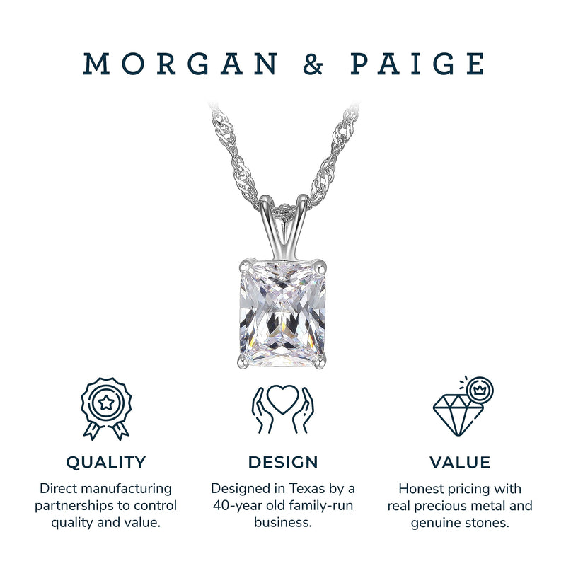 MORGAN & PAIGE .925 Sterling Silver Platinum Plated Solitaire 3/8" Cubic Zirconia Necklace - Emerald Cut or Pear Teardrop Dainty Diamond Necklaces for Women, Crystal Jewelry 18 inch