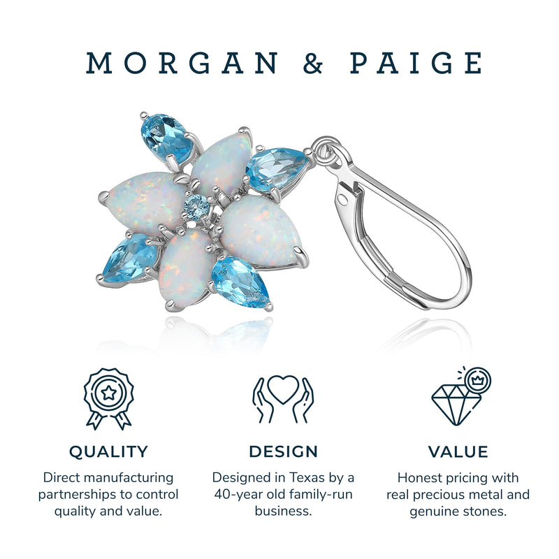 MORGAN & PAIGE Rhodium Plated Sterling Silver, Created Opal and Genuine Swiss Blue Topaz Flower 3-prong setting Leverback Dangle Earrings or 18" Pendant Necklace