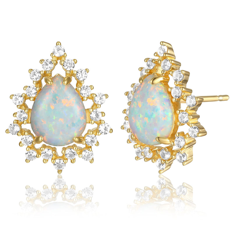 MORGAN & PAIGE 14K Gold-Plated Sterling Silver Opal Stud Earrings - Elegant Hypoallergenic Opal Earrings for Women with Scalloped White Sapphire Halo - Gold Opal Studs