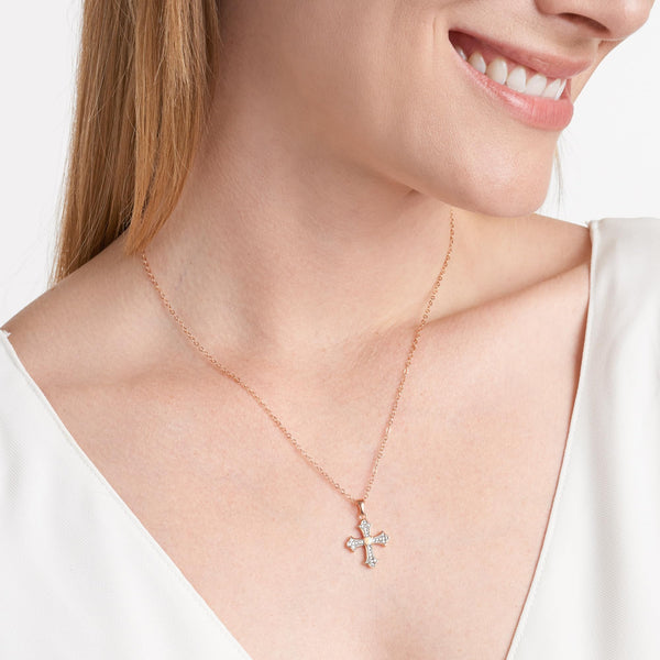 MORGAN & PAIGE 14K Rose Gold Plated Created Opal and Diamond Accent Two Tone Dainty Demi Fine Cross Pendant Necklace, 18"