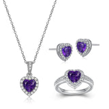 MORGAN & PAIGE .925 Sterling Silver Gemstones and White Sapphire Halo Heart Necklace, Earrings & Ring Set - Birthstone Jewelry Sets for Women, 18in Cable Chain, Size 7 Ring, Ideal Birthday Gift