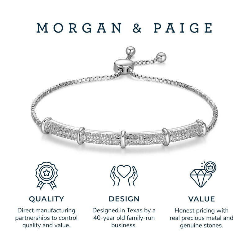 MORGAN & PAIGE Fine Silver-Plated Diamond-Accent Bar Strand Bracelet, 1.5mm Box Chain Bolo Style Adjustable up to 9" (I-J Color)