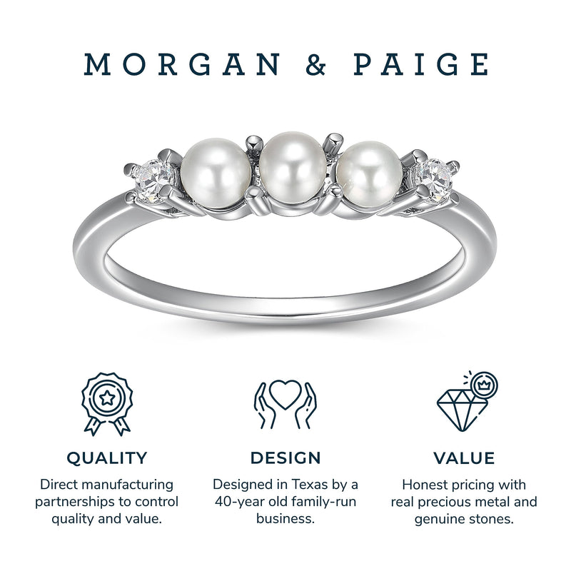 MORGAN & PAIGE Rhodium Plated Sterling Silver Freshwater Cultured Pearl and Cubic Zirconia Ring For Women