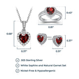 MORGAN & PAIGE .925 Sterling Silver Gemstones and White Sapphire Halo Heart Necklace, Earrings & Ring Set - Birthstone Jewelry Sets for Women, 18in Cable Chain, Size 7 Ring, Ideal Birthday Gift