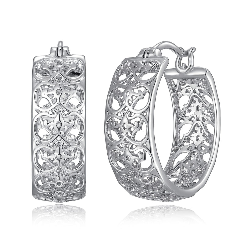 MORGAN & PAIGE Rhodium Plated 925 Sterling Silver Openwork Filigree Round Hoop Earrings for Women