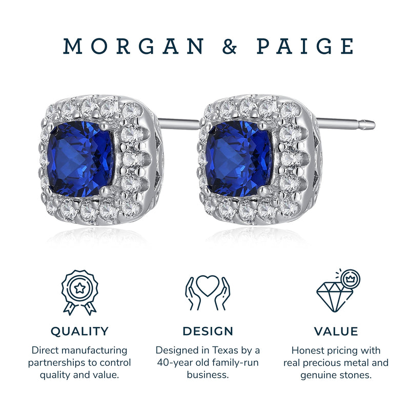 MORGAN & PAIGE .925 Sterling Silver Created Blue and White Sapphire Halo Cushion Shaped 1/3" Stud Earrings