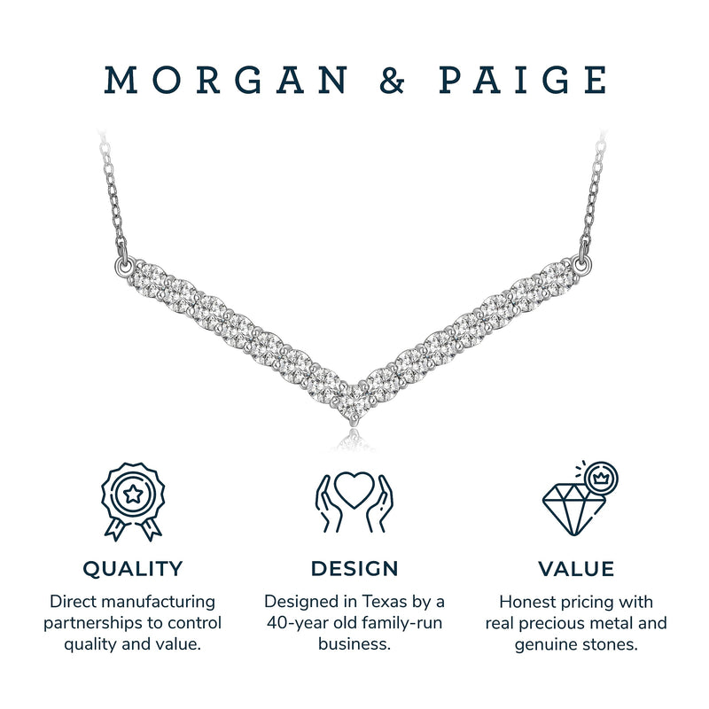 MORGAN & PAIGE Chevron Necklace - Genuine 925 Sterling Silver Necklace Chain With Suspended Cubic Zirconia V Bar Pendant - 16" With 2" Extender