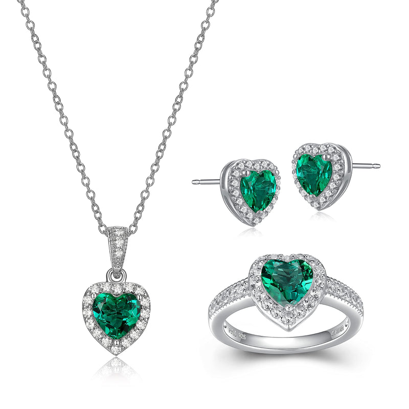 MORGAN & PAIGE .925 Sterling Silver Gemstones and White Sapphire Halo Heart Necklace, Earrings & Ring Set - Birthstone Jewelry Sets for Women, 18in Cable Chain, Size 7 Ring, Ideal Birthday Gift