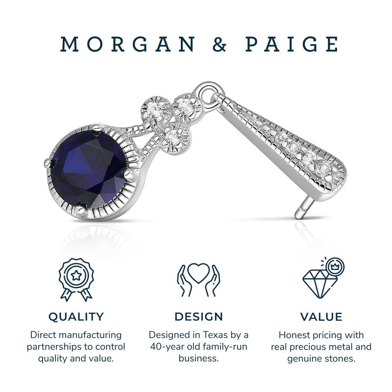 MORGAN & PAIGE .925 Sterling Silver Round Created Blue Sapphire and White Sapphire Accented Art Nouveau Style Vintage-Inspired 1" Drop Earrings