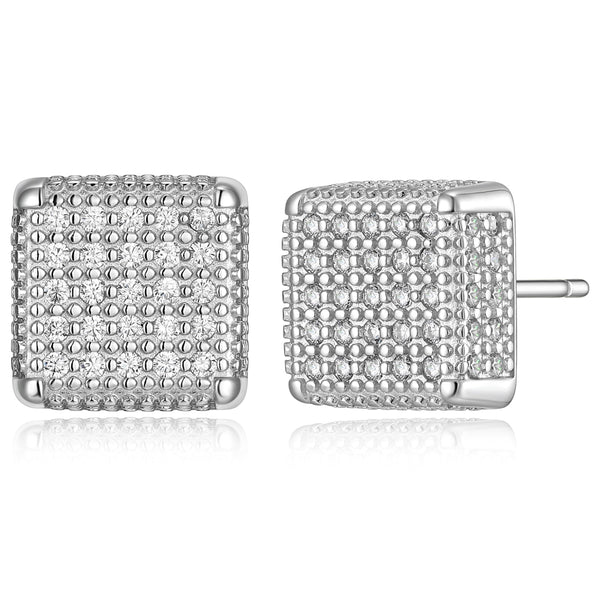 MORGAN & PAIGE Men's or Ladies' .925 Sterling Silver Cubic Zirconia Pave Square 1/3" Stud Earrings