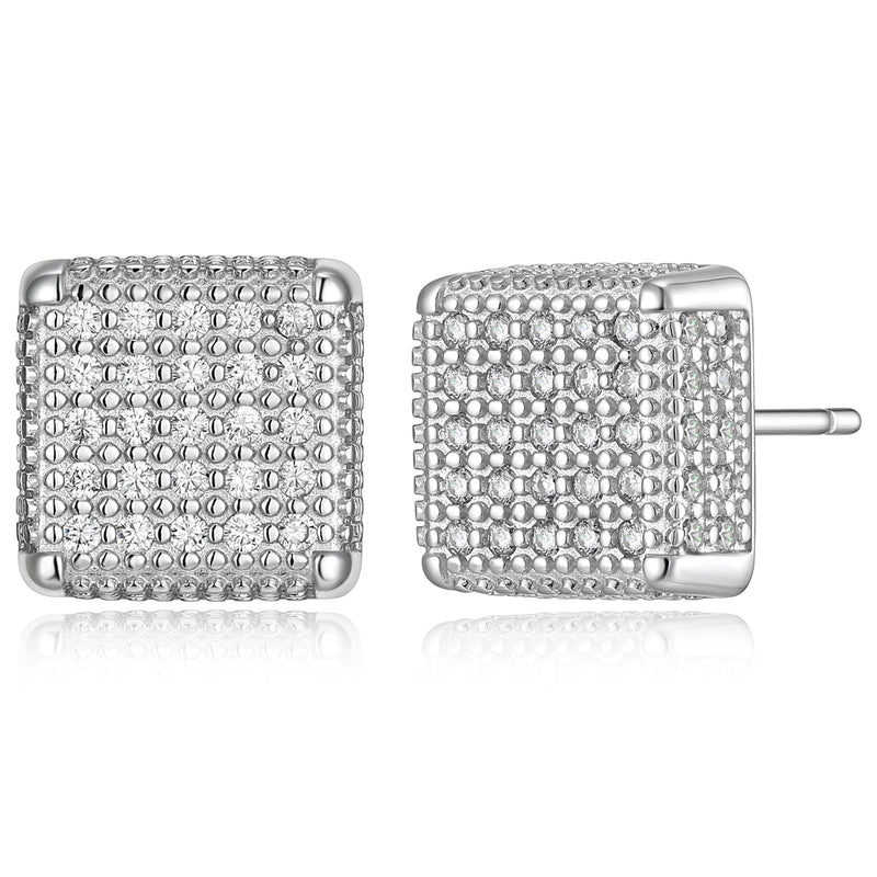 MORGAN & PAIGE Men's or Ladies' .925 Sterling Silver Cubic Zirconia Pave Square 1/3" Stud Earrings