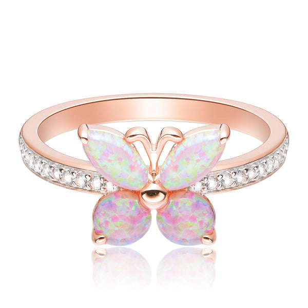 Morgan & Paige 14K Rose Gold Butterfly Ring - Plated .925 Sterling Silver Pink Opal Butterfly Ring For Women - Lab Created Sapphire Ring With Eye Motif Centerpiece