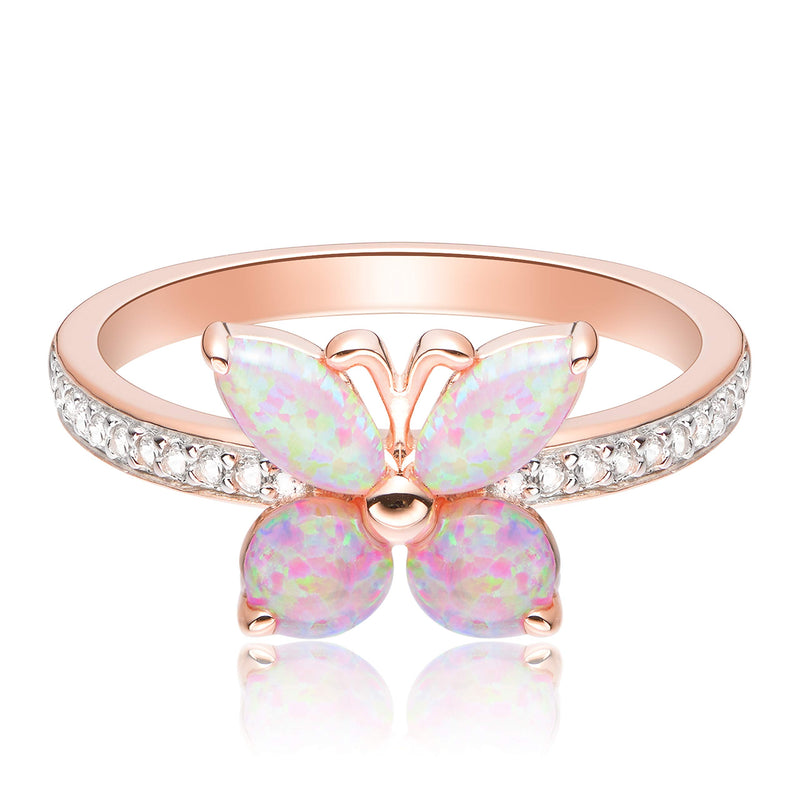 Morgan & Paige 14K Rose Gold Butterfly Ring - Plated .925 Sterling Silver Pink Opal Butterfly Ring For Women - Lab Created Sapphire Ring With Eye Motif Centerpiece