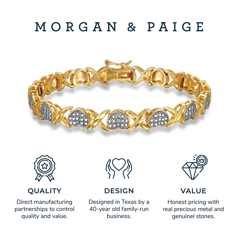 MORGAN & PAIGE 18K Yellow Gold Plated 925 Sterling Silver Two-Tone Diamond Accent and Illusion XO Heart Tennis Bracelet or Pendant Necklace