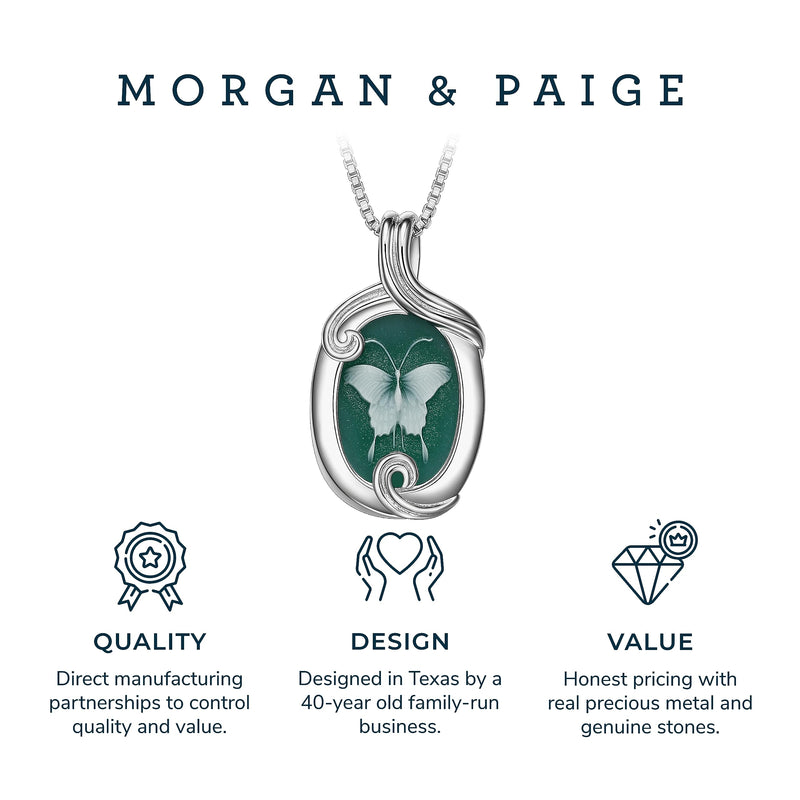 MORGAN & PAIGE .925 Sterling Silver Rhodium Plated Virgin Mary Necklace Genuine Blue Agate & Diamond or Butterfly Necklace Genuine Green Agate - Cameo Sterling Silver Jewelry Gift for Her, 18 inch