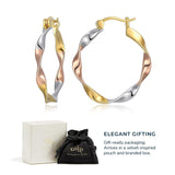 MORGAN & PAIGE .925 Sterling Silver Rhodium, 14K Rose Gold & 18K Yellow Gold Plated Three-Tone Twisted Silver Hoop Earrings for Women - Lightweight Gold Earrings for Women with Secure Latch Back Clasp