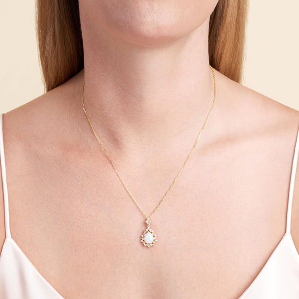 MORGAN & PAIGE 14K Gold-Plated Sterling Silver Opal Necklace - Hypoallergenic Opal Necklace for Women with Scalloped White Sapphire Halo - Gold Opal Pendant Necklace