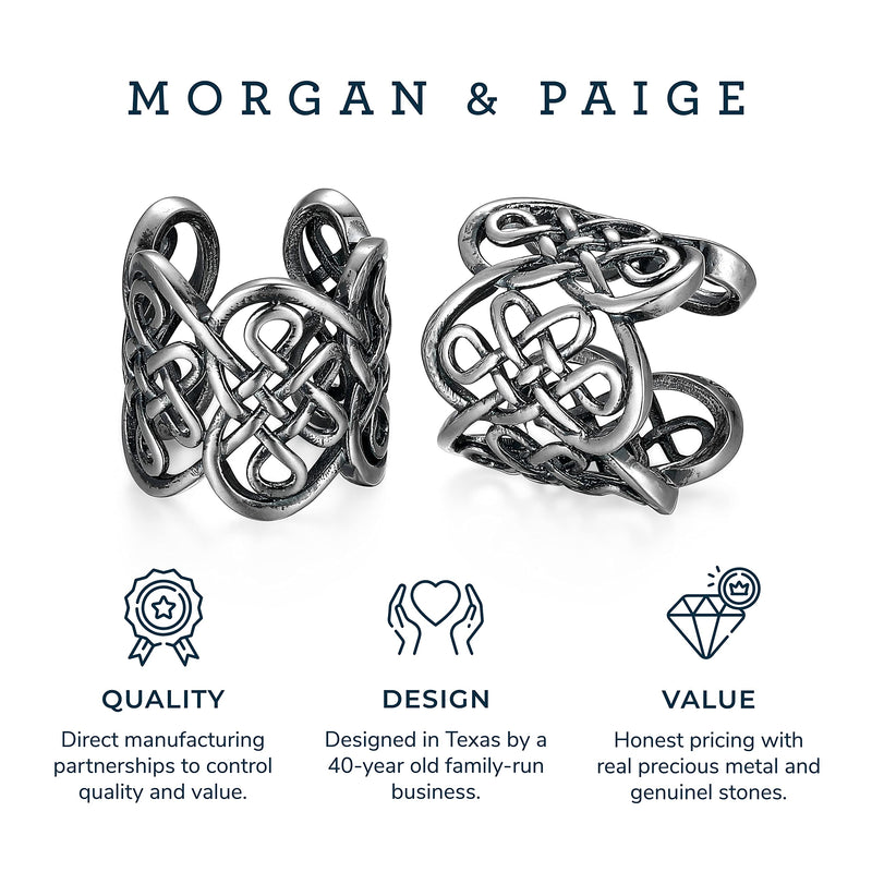 MORGAN & PAIGE .925 Sterling Silver Celtic Heart Knot Ear Cuff Earrings for Women - Rose Gold, Yellow Gold Plated or Oxidized Silver Ear Cuffs Non Piercing, Cartilage Earring Silver Ear Clips Jewelry