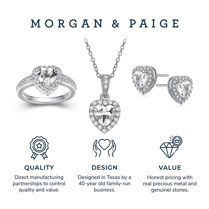 MORGAN & PAIGE .925 Sterling Silver Gemstones and White Sapphire Halo Heart Necklace, Earrings & Ring Set - Birthstone Jewelry Sets for Women, 18in Cable Chain, Size 7 Ring, Ideal Birthday Gift