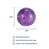 .925 Sterling Silver Natural Gemstone 8mm Round Sphere Ball Stud Earrings with butterfly-back in Green Jade or Purple Amethyst with Butterfly-backs