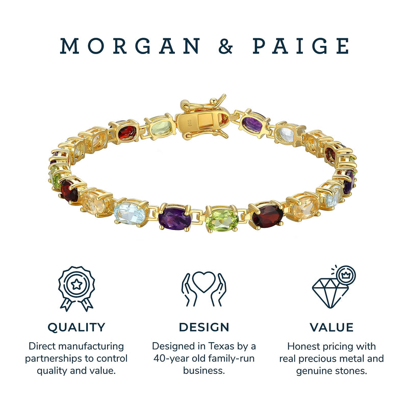 MORGAN & PAIGE 18K Yellow Gold-Plated .925 Sterling Silver Five-Tone Multicolor Genuine Gemstone Tennis Bracelet, 7"